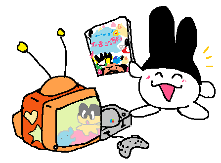 an image of mimitchi, excitedly holding up a copy of the tamagotchi research report book, cover very simplified. next to her is an orange tv with a playstation one beside it, on the tv is a cartoon of mametchi and nyorotchi